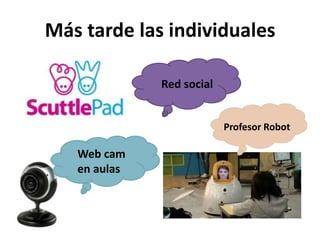 Más tarde las individuales

              Red social


                           Profesor Robot

   Web cam
   en aulas
 