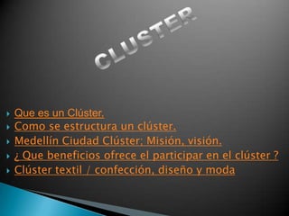    Que es un Clúster.
   Como se estructura un clúster.
   Medellín Ciudad Clúster; Misión, visión.
   ¿ Que beneficios ofrece el participar en el clúster ?
   Clúster textil / confección, diseño y moda
 