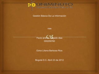Gestión Básica De La Información




              vias



   Favio andres delgado dias
          000259760



   Edna Liliana Barbosa Rios



  Bogotá D.C. Abril 23 de 2012
 
