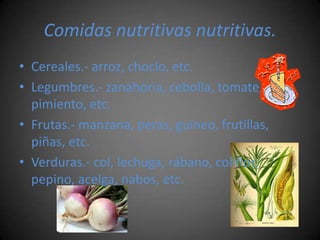 Comidas nutritivas nutritivas.
• Cereales.- arroz, choclo, etc.
• Legumbres.- zanahoria, cebolla, tomate,
  pimiento, etc.
• Frutas.- manzana, peras, guineo, frutillas,
  piñas, etc.
• Verduras.- col, lechuga, rábano, coliflor,
  pepino, acelga, nabos, etc.
 
