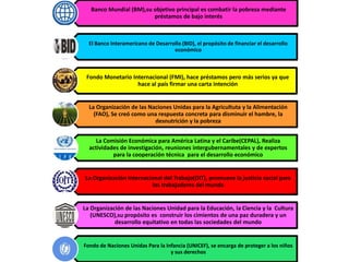 Banco Mundial (BM),su objetivo principal es combatir la pobreza mediante
                         préstamos de bajo interés



  El Banco Interamericano de Desarrollo (BID), el propósito de financiar el desarrollo
                                    económico



 Fondo Monetario Internacional (FMI), hace préstamos pero más serios ya que
                   hace al país firmar una carta intención


  La Organización de las Naciones Unidas para la Agricultuta y la Alimentación
    (FAO), Se creó como una respuesta concreta para disminuir el hambre, la
                           desnutrición y la pobreza


     La Comisión Económica para América Latina y el Caribe(CEPAL), Realiza
  actividades de investigación, reuniones intergubernamentales y de expertos
           para la cooperación técnica para el desarrollo económico


La Organización Internacional del Trabajo(OIT), promueve la justicia social para
                         los trabajadores del mundo


La Organización de las Naciones Unidad para la Educación, la Ciencia y la Cultura
   (UNESCO),su propósito es construir los cimientos de una paz duradera y un
            desarrollo equitativo en todas las sociedades del mundo


Fondo de Naciones Unidas Para la Infancia (UNICEF), se encarga de proteger a los niños
                                   y sus derechos
 