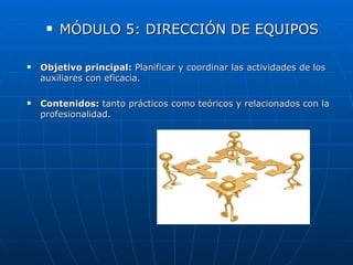    MÓDULO 5: DIRECCIÓN DE EQUIPOS

   Objetivo principal: Planificar y coordinar las actividades de los
    auxiliares con eficacia.

   Contenidos: tanto prácticos como teóricos y relacionados con la
    profesionalidad.
 