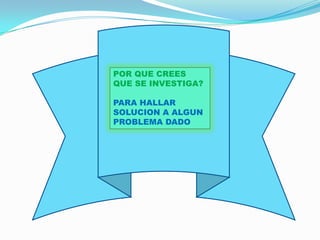 POR QUE CREES
QUE SE INVESTIGA?

PARA HALLAR
SOLUCION A ALGUN
PROBLEMA DADO
 