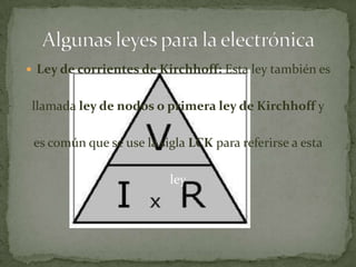  Ley de corrientes de Kirchhoff: Esta ley también es


 llamada ley de nodos o primera ley de Kirchhoff y

 es común que se use la sigla LCK para referirse a esta

                          ley
 