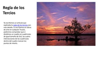 Regla de los
Tercios

Ya escribimos un artículo que
explicaba la regla de los tercios con
más detalle. Si nos fijamos en obras
de arte en cualquier museo,
podremos comprobar que si
dividimos un cuadro en cuadrículas
de igual tamaño de 3x3, las cuatro
intersecciones de las cuadrículas
dentro del cuadro marcan los
puntos de interés.
 