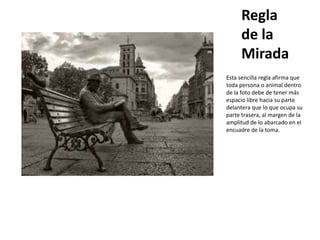 Regla
     de la
     Mirada
Esta sencilla regla afirma que
toda persona o animal dentro
de la foto debe de tener más
espacio libre hacia su parte
delantera que lo que ocupa su
parte trasera, al margen de la
amplitud de lo abarcado en el
encuadre de la toma.
 