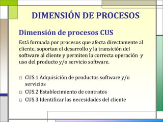 DIMENSIÓN DE PROCESOS
Dimensión de procesos CUS
Está formada por procesos que afecta directamente al
cliente, soportan el desarrollo y la transición del
software al cliente y permiten la correcta operación y
uso del producto y/o servicio software.

□ CUS.1 Adquisición de productos software y/o
  servicios
□ CUS.2 Establecimiento de contratos
□ CUS.3 Identificar las necesidades del cliente
 