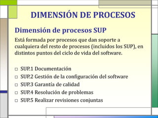 DIMENSIÓN DE PROCESOS
Dimensión de procesos SUP
Está formada por procesos que dan soporte a
cualquiera del resto de procesos (incluidos los SUP), en
distintos puntos del ciclo de vida del software.

□   SUP.1 Documentación
□   SUP.2 Gestión de la configuración del software
□   SUP.3 Garantía de calidad
□   SUP.4 Resolución de problemas
□   SUP.5 Realizar revisiones conjuntas
 