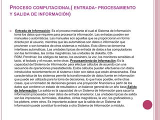 PROCESO COMPUTACIONAL( ENTRADA- PROCESAMIENTO
Y SALIDA DE INFORMACIÓN)


    Entrada de Información: Es el proceso mediante el cual el Sistema de Información
    toma los datos que requiere para procesar la información. Las entradas pueden ser
    manuales o automáticas. Las manuales son aquellas que se proporcionan en forma
    directa por el usuario, mientras que las automáticas son datos o información que
    provienen o son tomados de otros sistemas o módulos. Esto último se denomina
    interfases automáticas. Las unidades típicas de entrada de datos a las computadoras
    son las terminales, las cintas magnéticas, las unidades de diskette, CD-
    ROM, Pendriver, los códigos de barras, los escáners, la voz, los monitores sensibles al
    tacto, el teclado y el mouse, entre otras. Procesamiento de Información: Es la
    capacidad del Sistema de Información para efectuar cálculos de acuerdo con una
    secuencia de operaciones preestablecida. Estos cálculos pueden efectuarse con datos
    introducidos recientemente en el sistema o bien con datos que están almacenados. Esta
    característica de los sistemas permite la transformación de datos fuente en información
    que puede ser utilizada para la toma de decisiones, lo que hace posible, entre otras
    cosas, que un tomador de decisiones genere una proyección financiera a partir de los
    datos que contiene un estado de resultados o un balance general de un año base.Salida
    de Información: La salida es la capacidad de un Sistema de Información para sacar la
    información procesada o bien datos de entrada al exterior. Las unidades típicas de salida
    son las impresoras, terminales, diskettes, cintas magnéticas, la voz, los graficadores y
    los plotters, entre otros. Es importante aclarar que la salida de un Sistema de
    Información puede constituir la entrada a otro Sistema de Información o módulo.
 