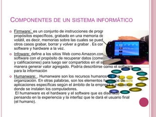 COMPONENTES DE UN SISTEMA INFORMÁTICO
   Firmware: es un conjunto de instrucciones de programa para
    propósitos específicos, grabado en una memoria de tipo no
    volátil, es decir, memorias sobre las cuales se puede grabar, y en
    otros casos grabar, borrar y volver a grabar . Es considerado
    software y hardware a la vez.
   Infoware: define a los sitios Web como Amazon.com que utilizan
    software con el propósito de recuperar datos (comentarios de libros
    y calificaciones) para luego ser compartidos en el sitio web y de esta
    manera generar valor agregado. Podría describirse como el software
    para la información
   Humanware: . Humanware son los recursos humanos de una
    organización. En otras palabras, son los elementos humanos de
    aplicaciones específicas según el ámbito de la empresa e institución
    donde se instalen los computadores.
     El humanware es el hardware y el software que es diseñado
    pensando en la experiencia y la interfaz que le dará el usuario final
    (el humano).
 