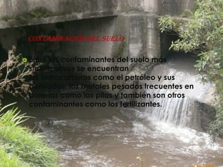 Contaminación del suelo.

 Entre los contaminantes del suelo más
 significativos se encuentran
 los hidrocarburos como el petróleo y sus
 derivados. los metales pesados frecuentes en
 baterías como las pilas y también son otros
 contaminantes como los fertilizantes.
 