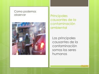 Como podemos
observar       Principales
               causantes de la
               contaminación
               ambiental


                Los principales
                causantes de la
                contaminación
                somos los seres
                humanos


                                  regreso
 