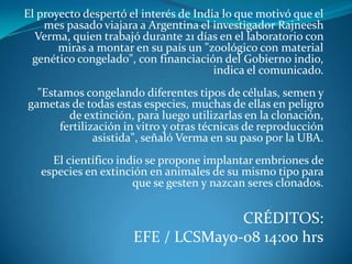 El proyecto despertó el interés de India lo que motivó que el
    mes pasado viajara a Argentina el investigador Rajneesh
  Verma, quien trabajó durante 21 días en el laboratorio con
       miras a montar en su país un "zoológico con material
 genético congelado", con financiación del Gobierno indio,
                                       indica el comunicado.
  "Estamos congelando diferentes tipos de células, semen y
gametas de todas estas especies, muchas de ellas en peligro
        de extinción, para luego utilizarlas en la clonación,
      fertilización in vitro y otras técnicas de reproducción
              asistida", señaló Verma en su paso por la UBA.
     El científico indio se propone implantar embriones de
   especies en extinción en animales de su mismo tipo para
                      que se gesten y nazcan seres clonados.


                                    CRÉDITOS:
                      EFE / LCSMayo-08 14:00 hrs
 