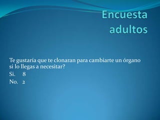 Te gustaría que te clonaran para cambiarte un órgano
si lo llegas a necesitar?
Si. 8
No. 2
 