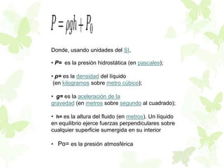 Donde, usando unidades del SI,

• P= es la presión hidrostática (en pascales);

• p= es la densidad del líquido
 (en kilogramos sobre metro cúbico);

• g= es la aceleración de la
gravedad (en metros sobre segundo al cuadrado);

• h= es la altura del fluido (en metros). Un líquido
en equilibrio ejerce fuerzas perpendiculares sobre
cualquier superficie sumergida en su interior

• Po= es la presión atmosférica
 