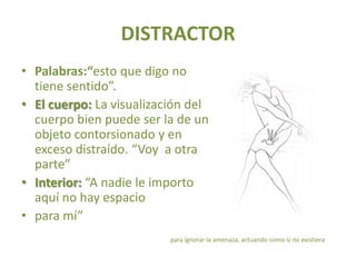 DISTRACTOR
• Palabras:“esto que digo no
  tiene sentido”.
• El cuerpo: La visualización del
  cuerpo bien puede ser la de un
  objeto contorsionado y en
  exceso distraído. “Voy a otra
  parte”
• Interior: “A nadie le importo
  aquí no hay espacio
• para mí”
                          para ignorar la amenaza, actuando como si no existiera
 