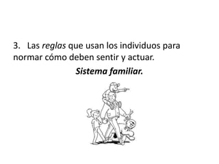 3. Las reglas que usan los individuos para
normar cómo deben sentir y actuar.
               Sistema familiar.
 