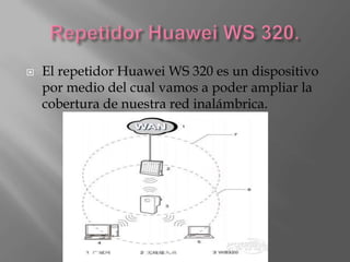    El repetidor Huawei WS 320 es un dispositivo
    por medio del cual vamos a poder ampliar la
    cobertura de nuestra red inalámbrica.
 