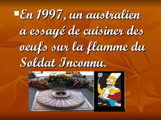    En 1997, un australien
    a essayé de cuisiner des
    oeufs sur la flamme du
    Soldat Inconnu.
 