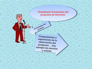  Teledifusión Transmisión del
       programa de televisión



              el
           sd
         de
  tiv ida sor
Ac profe



     Comprobació
                   ny
    expectación d
                   e la
     observación d
                    el
    programa. …D
                    ar
  ejemplo de ate
                  nción
       y análisis
 