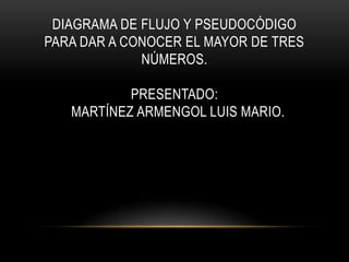 DIAGRAMA DE FLUJO Y PSEUDOCÓDIGO
PARA DAR A CONOCER EL MAYOR DE TRES
             NÚMEROS.

           PRESENTADO:
   MARTÍNEZ ARMENGOL LUIS MARIO.
 