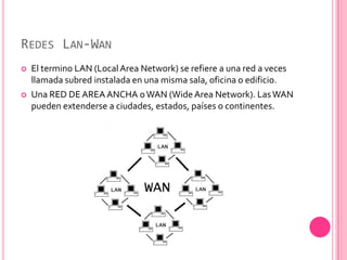 REDES LAN-WAN
   El termino LAN (Local Area Network) se refiere a una red a veces
    llamada subred instalada en una misma sala, oficina o edificio.
   Una RED DE AREA ANCHA o WAN (Wide Area Network). Las WAN
    pueden extenderse a ciudades, estados, países o continentes.
 