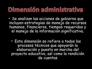 • Se analizan las acciones de gobierno que
incluyen estrategias de manejo de recursos
 humanos, financieros, tiempos requeridos y
  el manejo de la información significativa.

 • Esta dimensión se refiere a todos los
     procesos técnicos que apoyarán la
    elaboración y puesta en marcha del
 proyecto educativo, así como la rendición
                de cuentas
 