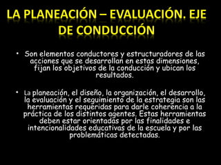 • Son elementos conductores y estructuradores de las
   acciones que se desarrollan en estas dimensiones,
    fijan los objetivos de la conducción y ubican los
                       resultados.

• La planeación, el diseño, la organización, el desarrollo,
  la evaluación y el seguimiento de la estrategia son las
   herramientas requeridas para darle coherencia a la
  práctica de los distintos agentes. Estas herramientas
       deben estar orientadas por las finalidades e
   intencionalidades educativas de la escuela y por las
                problemáticas detectadas.
 