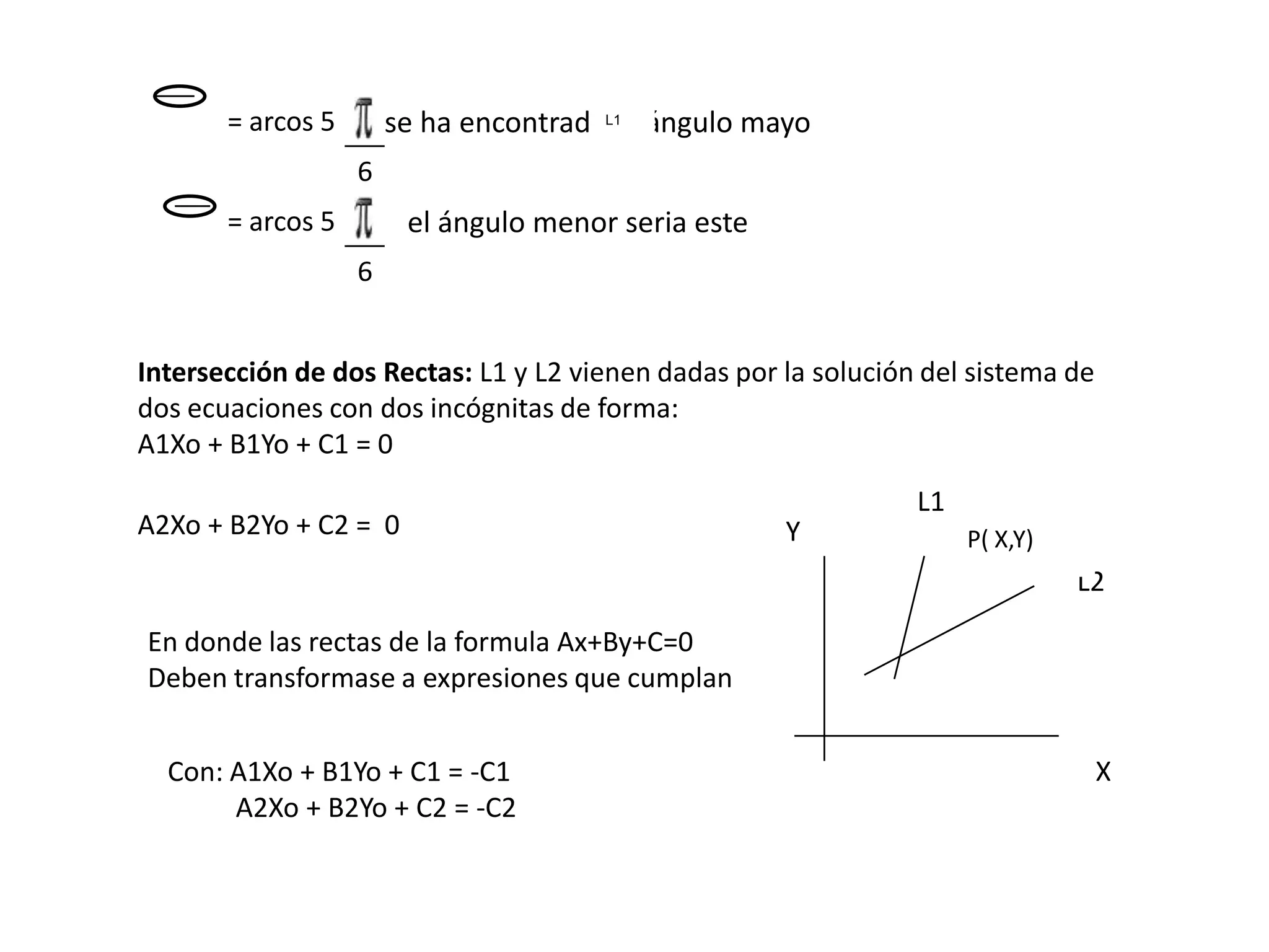 = arcos 5       se ha encontradoL1el ángulo mayo
                   6
       = arcos 5        el ángulo menor seria este
                   6


Intersección de dos Rectas: L1 y L2 vienen dadas por la solución del sistema de
dos ecuaciones con dos incógnitas de forma:
A1Xo + B1Yo + C1 = 0
                                                                L1
A2Xo + B2Yo + C2 = 0                                 Y               P( X,Y)
                                                                               L2

En donde las rectas de la formula Ax+By+C=0
Deben transformase a expresiones que cumplan


  Con: A1Xo + B1Yo + C1 = -C1                                                     X
       A2Xo + B2Yo + C2 = -C2
 