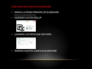 COMO CEAR UNA CUENTA EN SLIDESHARE

• VAMOS A LA PAGINA PRINCIPAL DE SLIDESHARE:
  WWW.SLIDESHARE.NET
• HACEMOS CLICK EN SING UP




• LLENAMOS LOS DATOS QUE NOS PIDEN




• TENEMOS NUESTRA CUENTA EN SLIDESHARE
 