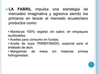  LA  FABRIL impulsa una estrategia de
 mercadeo imaginativa y agresiva siendo los
 primeros en lanzar al mercado ecuatoriano
 productos como:

   Mantecas 100% vegetal, sin sabor, en empaques
 reutilizables .
   Aceites para consumo en fundas.
   Aceite de soya TRIREFINADO, especial para el
 enlatado de atún.
   Margarinas de mesa sin materias primas
 hidrogenadas.
 