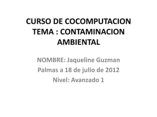 CURSO DE COCOMPUTACION
 TEMA : CONTAMINACION
       AMBIENTAL
  NOMBRE: Jaqueline Guzman
  Palmas a 18 de julio de 2012
      Nivel: Avanzado 1
 
