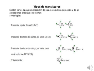 Tipos de transistores
Existen varios tipos que dependen de su proceso de construcción y de las
aplicaciones a las que se destinan
Simbología:
 