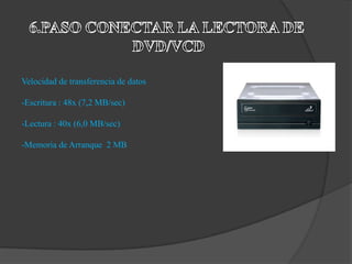 Velocidad de transferencia de datos

-Escritura : 48x (7,2 MB/sec)

-Lectura : 40x (6,0 MB/sec)

-Memoria de Arranque 2 MB
 