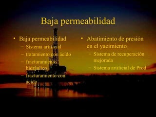 Baja permeabilidad
• Baja permeabilidad           • Abatimiento de presión
  – Sistema artificial           en el yacimiento
  – tratamiento con ácido          – Sistema de recuperación
  – fracturamiento                   mejorada
    hidráulico                     – Sistema artificial de Prod
  – fracturamiento con
    ácido




                   ING. RICARDO ESPINOSA
                           RAMOS
 