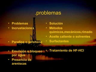 .problemas
• Problemas                • Solución
• Incrustaciones           • Métodos
                             químicos,mecánicos,rimado
                           • Aceite caliente o solventes
• Parafina o asfalteno     • Surfactantes


• Emulsión o bloqueo       • Tratamiento de HF-HCl
  por agua
• Presencia de
  areniscas
                   ING. RICARDO ESPINOSA
                           RAMOS
 