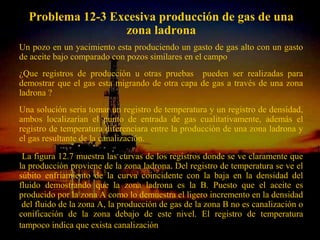 Problema 12-3 Excesiva producción de gas de una
                  zona ladrona
Un pozo en un yacimiento esta produciendo un gasto de gas alto con un gasto
de aceite bajo comparado con pozos similares en el campo
¿Que registros de producción u otras pruebas pueden ser realizadas para
demostrar que el gas esta migrando de otra capa de gas a través de una zona
ladrona ?
Una solución seria tomar un registro de temperatura y un registro de densidad,
ambos localizarían el punto de entrada de gas cualitativamente, además el
registro de temperatura diferenciara entre la producción de una zona ladrona y
el gas resultante de la canalización.

 La figura 12.7 muestra las curvas de los registros donde se ve claramente que
la producción proviene de la zona ladrona. Del registro de temperatura se ve el
súbito enfriamiento de la curva coincidente con la baja en la densidad del
fluido demostrando que la zona ladrona es la B. Puesto que el aceite es
producido por la zona A como lo demuestra el ligero incremento en la densidad
 del fluido de la zona A, la producción de gas de la zona B no es canalización o
conificación de la zona debajo de este nivel. El registro de temperatura
tampoco indica que exista canalización ESPINOSA
                               ING. RICARDO
                                    RAMOS
 