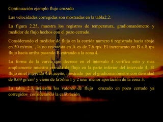 Continuación ejemplo flujo cruzado
Las velocidades corregidas son mostradas en la tabla2.2.
La figura 2.25, muestra los registros de temperatura, gradiomanómetro y
medidor de flujo hechos con el pozo cerrado.
Considerando el medidor de flujo en la corrida numero 6 registrada hacia abajo
en 50 m/min. , la no respuesta en A es de 7.6 rps. El incremento en B a 8 rps
flujo hacia arriba pasando B entrando a la zona 4.
La forma de la curva que decrece en el intervalo 4 verifica esto y mas
ampliamente muestra entrada de flujo en la parte inferior del intervalo 4. El
flujo en el intervalo 4 es aceite, mostrado por el gradiomanómetro con densidad
de 0.69 gr/cm3 y viene de la zona 1 y 2 una menor aportación de la zona 3.
La tabla 2.3, muestra los valores de flujo       cruzado en pozo cerrado ya
corregidos considerando la calibración



                             ING. RICARDO ESPINOSA
                                     RAMOS
 