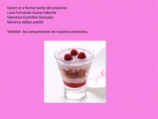 Quien va a formar parte del proyecto:
Luisa Fernanda Suarez taborda
Valentina Castrillón Gonzales
Mariana vallejo padilla

También los consumidores de nuestros productos.
 