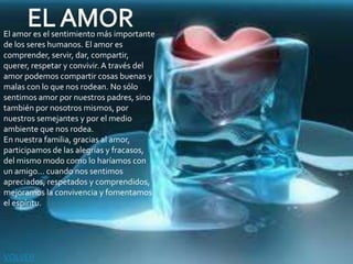 El amor es el sentimiento más importante
de los seres humanos. El amor es
comprender, servir, dar, compartir,
querer, respetar y convivir. A través del
amor podemos compartir cosas buenas y
malas con lo que nos rodean. No sólo
sentimos amor por nuestros padres, sino
también por nosotros mismos, por
nuestros semejantes y por el medio
ambiente que nos rodea.
En nuestra familia, gracias al amor,
participamos de las alegrías y fracasos,
del mismo modo como lo haríamos con
un amigo... cuando nos sentimos
apreciados, respetados y comprendidos,
mejoramos la convivencia y fomentamos
el espíritu.




VOLVER
 
