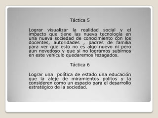 Táctica 5

Lograr visualizar la realidad social y el
impacto que tiene las nueva tecnología en
una nueva sociedad de conocimiento con los
docentes, autoridades , padres de familia
para ver que esto no es algo nuevo ni pero
aun novedoso y que si no logramos subirnos
en este vehículo quedaremos rezagados.

                  Táctica 6

Lograr una política de estado una educación
que la aleje de miramientos politos y la
consideren como un espacio para el desarrollo
estratégico de la sociedad.
 