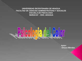 UNIVERSIDAD BICENTENARIA DE ARAGUA
FACULTAD DE CIENCIAS ADMINISTRATIVAS Y SOCIALES
            ESCUELA DE PSICOLOGÍA
            MARACAY – EDO. ARAGUA




                                          Autor:
                                          -Oriana Méndez
 