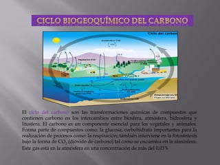 El ciclo del carbono son las transformaciones químicas de compuestos que
contienen carbono en los intercambios entre biosfera, atmósfera, hidrosfera y
litosfera. El carbono es un componente esencial para los vegetales y animales.
Forma parte de compuestos como: la glucosa, carbohidrato importantes para la
realización de procesos como: la respiración; también interviene en la fotosíntesis
bajo la forma de CO2 (dióxido de carbono) tal como se encuentra en la atmósfera.
Este gas está en la atmósfera en una concentración de más del 0,03%
 