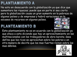 No esta en desacuerdo con la globalización ya que dice que
aumentara las riquezas; puede que en parte si sea cierto
pero la globalización causa un gran aumento en la pobreza de
algunos países y de empresas y habrá variaciones en la
escases de recursos en algunos países.



 Este planteamiento no es en acuerdo con la globalización ya
 que ataca a esta diciendo que hay un aprovechamiento en las
 multinacionales con los trabajadores de obra barata; ósea
 define que los ricos se aprovechan sobre los pobres o en
 otra manera de decirle que los mas fuertes reinan sobre los
 mas débiles.
 