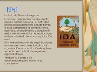 IDA
Instituto de Desarrollo Agrario
Institución responsable de ejecutar la
política agraria nacional, su actividad
principal es la administración de tierras,
el cual comprende la compra, venta,
hipoteca, arrendamiento y adquisición
de los bienes y servicios necesarios para
el desarrollo de la tierra y su explotación
rural.
Estimula la formación de organizaciones
sociales y el mejoramiento cultural, la
organización y capacitación de quienes
se dedican a actividades agrarias y
agroindustriales.
Vela por la equidad de
oportunidades para los sectores
campesinos
 