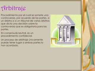 Arbitraje
Procedimiento por el cual se somete una
controversia, por acuerdo de las partes, a
un árbitro o a un tribunal de varios árbitros
que dicta una decisión sobre la
controversia que es obligatoria para las
partes.
En consensual,neutral, es un
procedimiento confidecial.
Un proceso de arbitraje únicamente
puede tener lugar si ambas partes lo
han acordado.
 