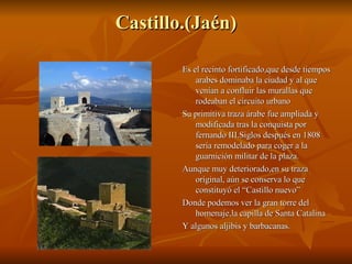 Castillo.(Jaén) Es el recinto fortificado,que desde tiempos arabes dominaba la ciudad y al que venían a confluir las murallas que rodeaban el circuito urbano Su primitiva traza árabe fue ampliada y modificada tras la conquista por fernando III.Siglos después en 1808 sería remodelado para coger a la guarnición militar de la plaza. Aunque muy deteriorado,en su traza original, aún se conserva lo que constituyó el “Castillo nuevo” Donde podemos ver la gran torre del homenaje,la capilla de Santa Catalina Y algunos aljibis y barbacanas. 