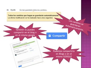 También lo puedes
compartir en el blog o
 en el mismo google




                         Podemos compartirlo
                           en Blogs o en el
                           mismo GOOGLE
 