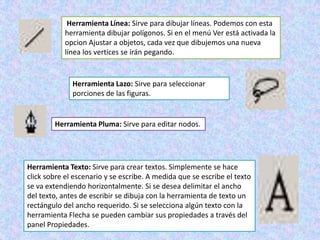Herramienta Línea: Sirve para dibujar líneas. Podemos con esta
           herramienta dibujar polígonos. Si en el menú Ver está activada la
           opcion Ajustar a objetos, cada vez que dibujemos una nueva
           línea los vertices se irán pegando.


              Herramienta Lazo: Sirve para seleccionar
              porciones de las figuras.


        Herramienta Pluma: Sirve para editar nodos.




Herramienta Texto: Sirve para crear textos. Simplemente se hace
click sobre el escenario y se escribe. A medida que se escribe el texto
se va extendiendo horizontalmente. Si se desea delimitar el ancho
del texto, antes de escribir se dibuja con la herramienta de texto un
rectángulo del ancho requerido. Si se selecciona algún texto con la
herramienta Flecha se pueden cambiar sus propiedades a través del
panel Propiedades.
 