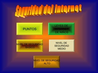 LEYES DE
    PUNTOS               INTERNET
                         DE NIÑOS


                          NIVEL DE
NIVEL DE SEGURIDAD
                         SEGURIDAD
       BASICO
                           MEDIO



           NIVEL DE SEGURIDAD
                  ALTO
 